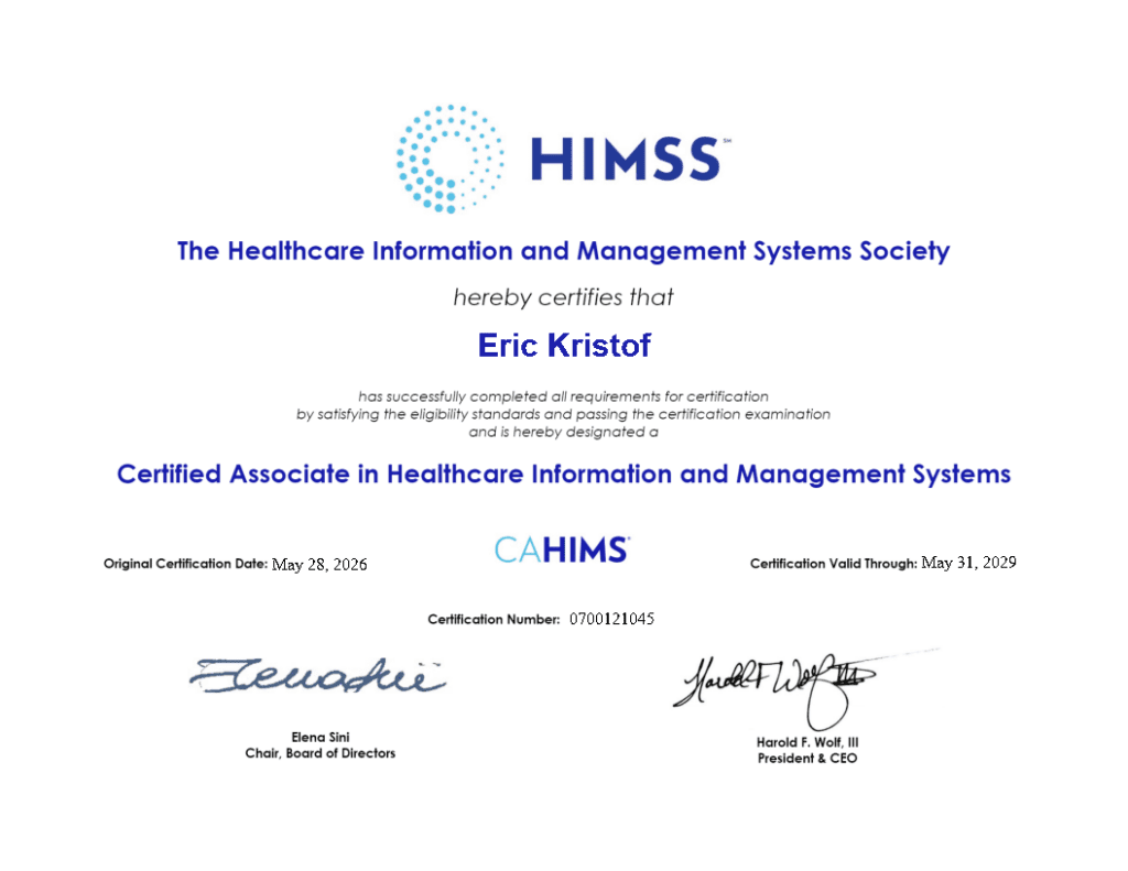 Eric Kristof, RN, CAHIMS -- official HIMSS CAHIMS certification credential, issued May 28, 2026