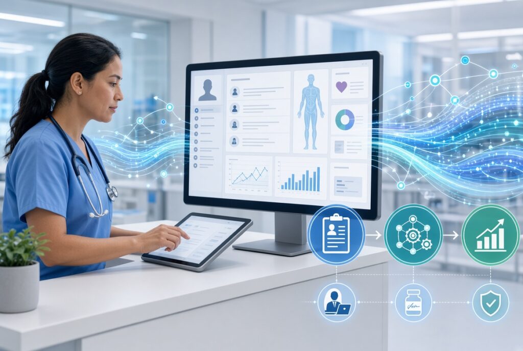 Meaningful Use timeline showing HITECH Act, three MU stages, and the 2018 rename to Promoting Interoperability — HIMSS Word of the Day series by Eric Kristof, RN, CAHIMS.