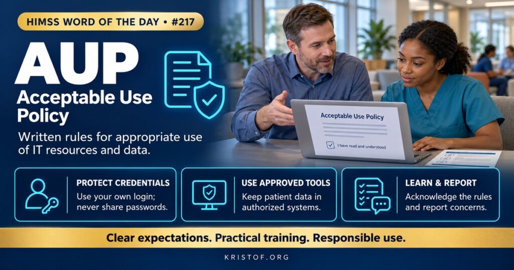 Illustration of an acceptable use policy showing a nurse at a workstation with a policy acknowledgment screen, icons for email, internet, personal devices, and social media, and a shield protecting patient data, HIMSS Word of the Day series by Eric Kristof, RN, CAHIMS.