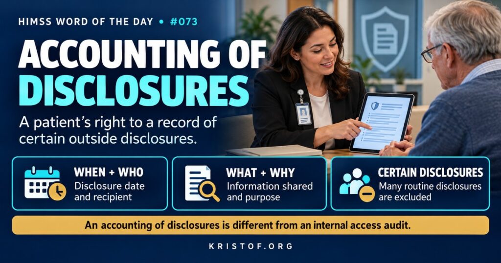 Illustration of a HIPAA accounting of disclosures report listing dates, recipients, and purposes of disclosures of a patient's health information, such as public health reports and court orders, HIMSS Word of the Day series by Eric Kristof, RN, CAHIMS.