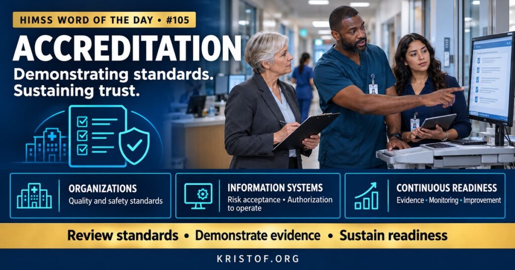 Illustration of two kinds of accreditation, a hospital receiving recognition from an accrediting organization after a survey, and an information system receiving security authorization to operate after risk assessment, HIMSS Word of the Day series by Eric Kristof, RN, CAHIMS.