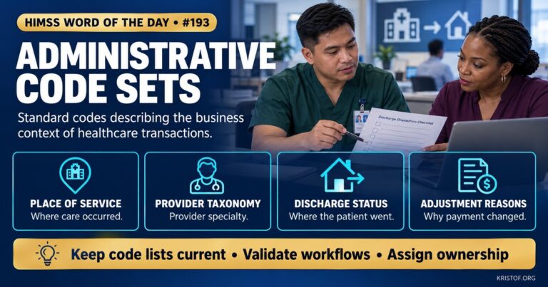 Illustration of administrative code sets showing a health care claim with fields for place of service, provider taxonomy, and discharge status next to separate diagnosis and procedure code blocks, HIMSS Word of the Day series by Eric Kristof, RN, CAHIMS.