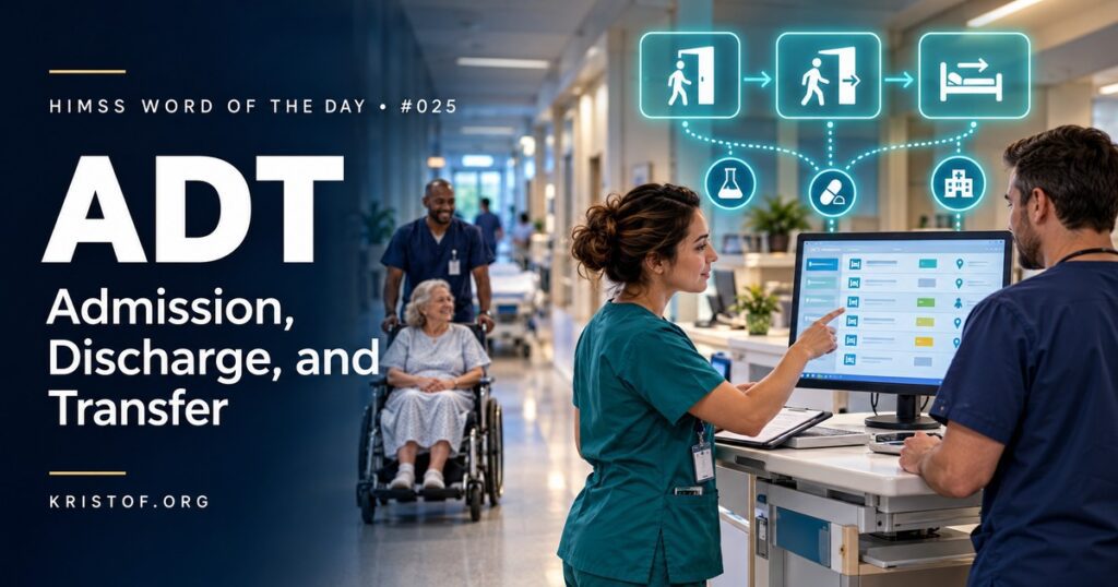 Diagram of an ADT message flowing from registration through an interface engine to lab, pharmacy, radiology, dietary, bed management, billing, and a primary care practice, HIMSS Word of the Day series by Eric Kristof, RN, CAHIMS.