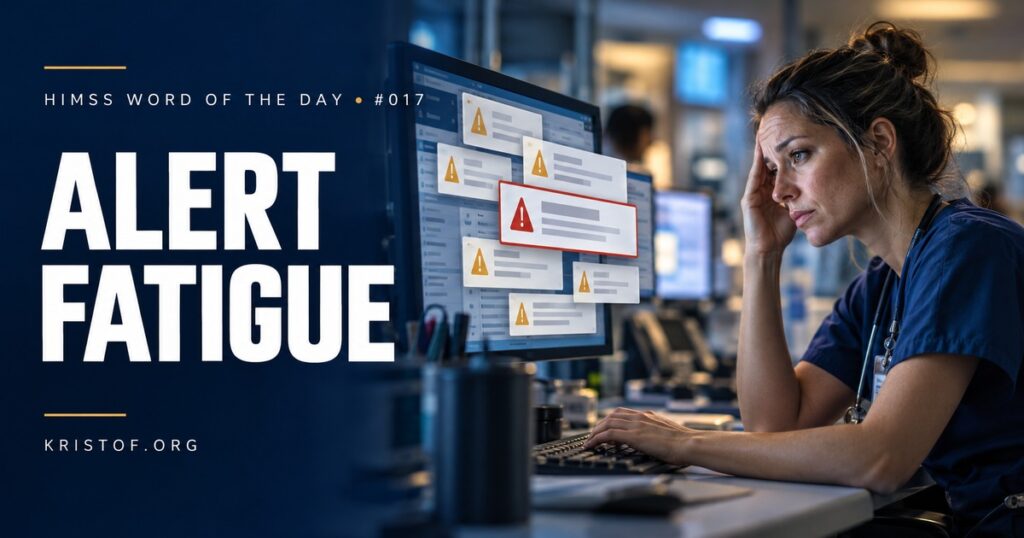 Illustration of a clinician facing a stream of EHR pop-up alerts and monitor alarms, with a small number of high-value alerts highlighted, HIMSS Word of the Day series by Eric Kristof, RN, CAHIMS.