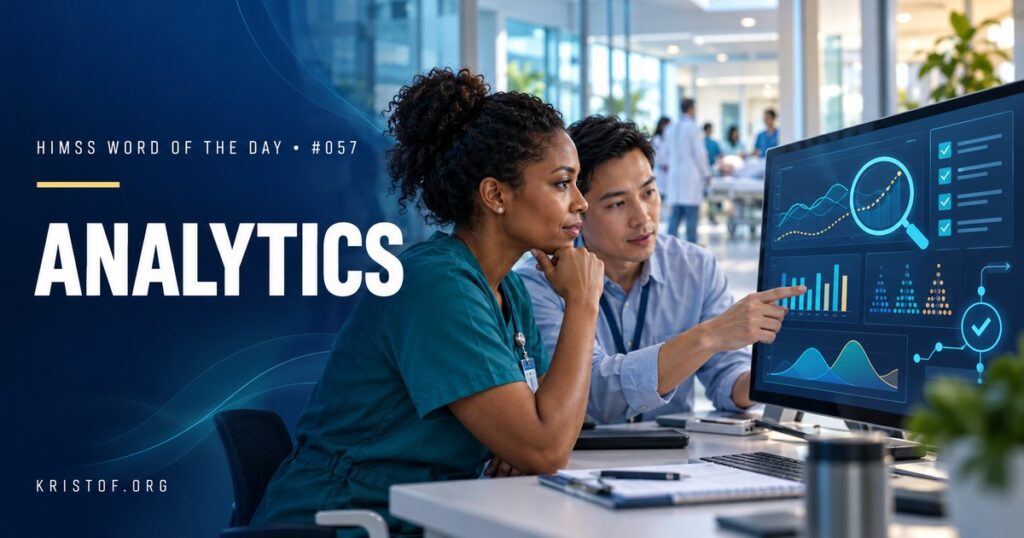 Illustration of healthcare analytics showing a progression from descriptive dashboards to diagnostic drill-downs, predictive risk scores, and prescriptive recommendations built on EHR data, HIMSS Word of the Day series by Eric Kristof, RN, CAHIMS.