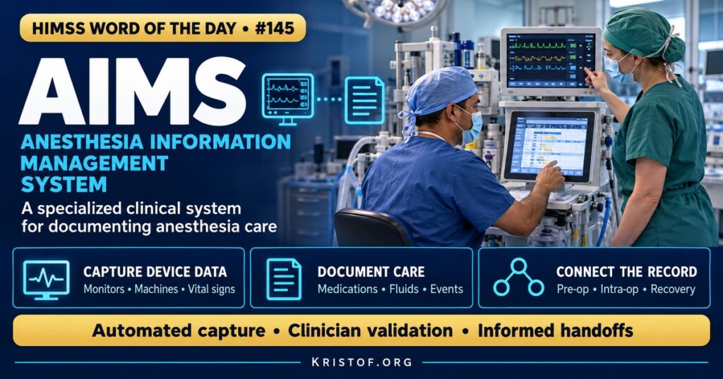 Illustration of an anesthesia information management system in an operating room showing automated vital signs from monitors, medication and fluid documentation, and decision support alerts on an anesthesia workstation, HIMSS Word of the Day series by Eric Kristof, RN, CAHIMS.