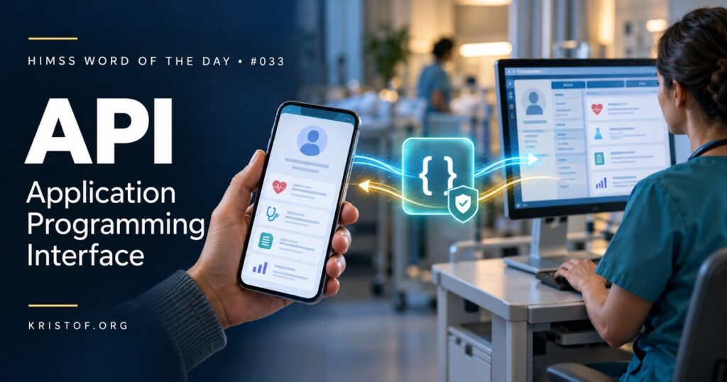 Diagram of a healthcare API showing a patient app and a clinical app sending secure requests to an EHR and receiving FHIR data back, HIMSS Word of the Day series by Eric Kristof, RN, CAHIMS.