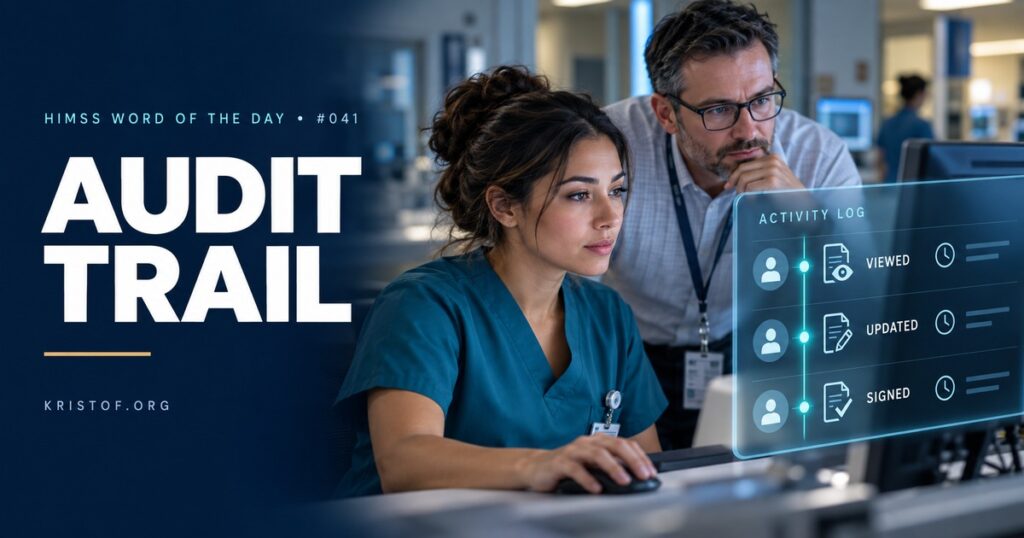 Illustration of an EHR audit trail showing a timeline of user actions such as chart opened, note signed, medication documented, and record printed, each with a user name and timestamp, HIMSS Word of the Day series by Eric Kristof, RN, CAHIMS.