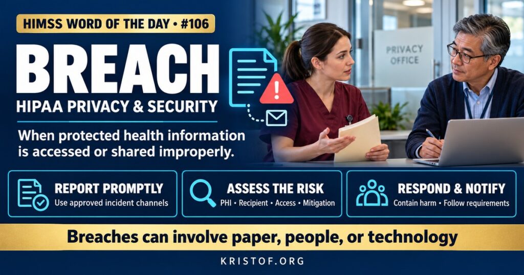 Illustration of a HIPAA breach response showing an incident report, a four-factor risk assessment, encryption as a safe harbor, and notification timelines for individuals, HHS, and the media, HIMSS Word of the Day series by Eric Kristof, RN, CAHIMS.