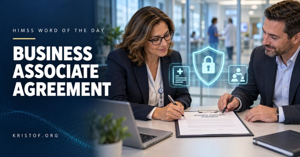 Illustration of a business associate agreement linking a hospital to vendors such as a cloud host, billing company, and health information exchange, with a shield representing protected health information, HIMSS Word of the Day series by Eric Kristof, RN, CAHIMS.