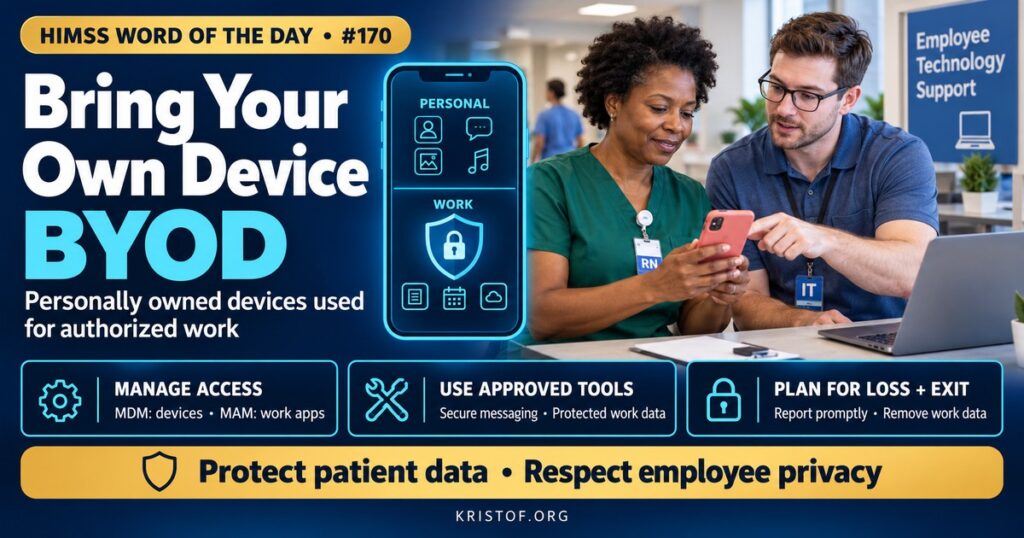 Illustration of bring your own device in healthcare showing a nurse's personal smartphone with a secure work container for clinical messaging and EHR access, separated from personal apps, managed through mobile device management, HIMSS Word of the Day series by Eric Kristof, RN, CAHIMS.