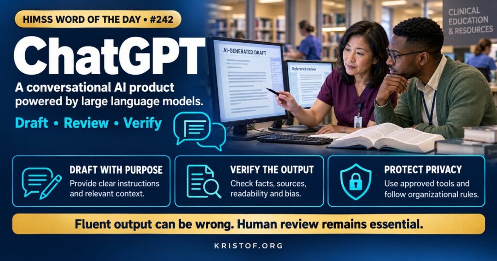Illustration of a clinician reviewing an AI drafted reply to a patient portal message with edit and approve buttons, a privacy shield, and a note that a human must review before sending, HIMSS Word of the Day series by Eric Kristof, RN, CAHIMS.