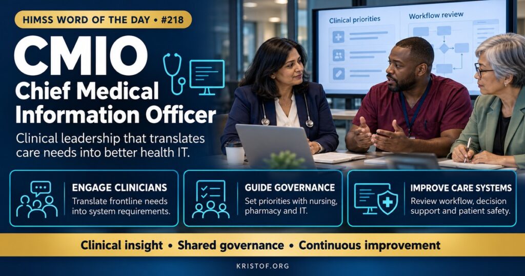Illustration of a chief medical information officer at a table with clinicians and IT leaders, reviewing EHR workflow diagrams and a governance committee agenda, HIMSS Word of the Day series by Eric Kristof, RN, CAHIMS.