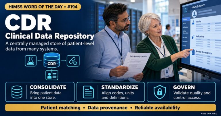 Illustration of a clinical data repository showing data from lab, pharmacy, nursing documentation, and imaging systems flowing into a central structured database that supports patient care views and analytics, HIMSS Word of the Day series by Eric Kristof, RN, CAHIMS.
