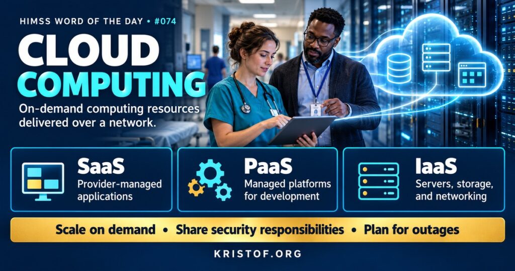 Illustration of healthcare cloud computing showing a hospital connected to software, platform, and infrastructure services in the cloud, with a business associate agreement and shared responsibility shield, HIMSS Word of the Day series by Eric Kristof, RN, CAHIMS.