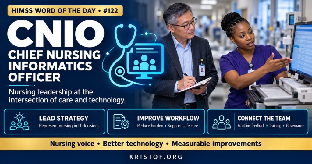 Illustration of a chief nursing informatics officer leading a governance meeting with nursing, IT, and physician leaders, connecting bedside nursing workflows with EHR strategy, HIMSS Word of the Day series by Eric Kristof, RN, CAHIMS.