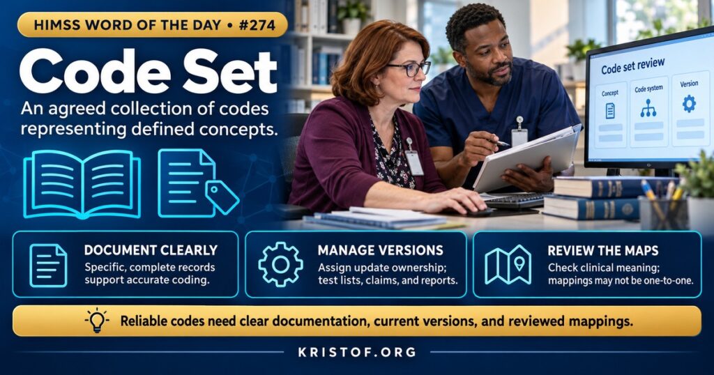 Illustration of code sets showing a clinical note linked to diagnosis, procedure, and drug codes, with a mapping table between SNOMED CT and ICD-10-CM and a claim form, HIMSS Word of the Day series by Eric Kristof, RN, CAHIMS.