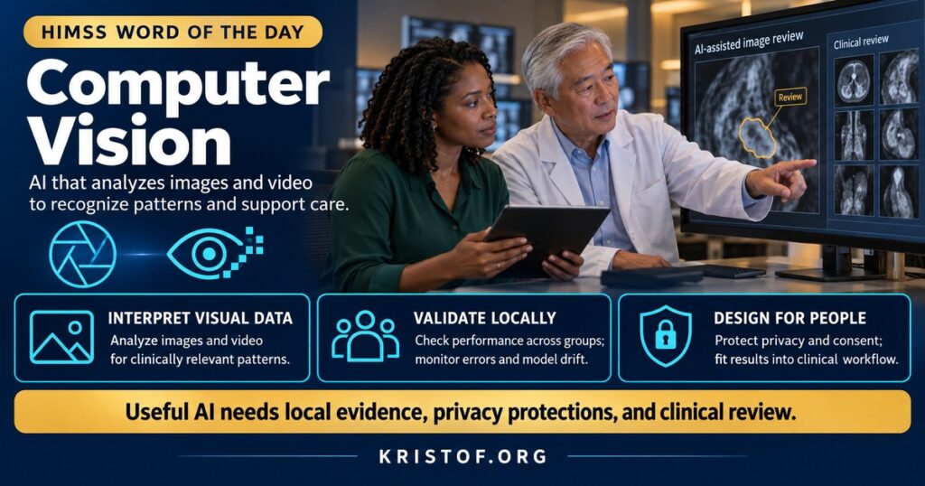Illustration of computer vision in a hospital showing an AI overlay highlighting a finding on a chest radiograph, a camera view of a patient room with a privacy filter, and a clinician reviewing the result, HIMSS Word of the Day series by Eric Kristof, RN, CAHIMS.