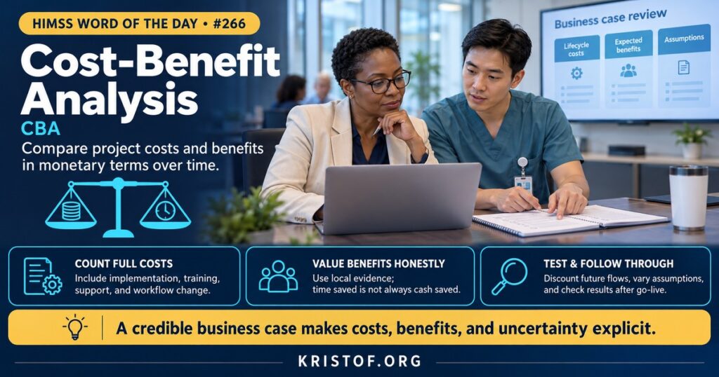 Illustration of a cost-benefit analysis showing a balance scale with project costs on one side and benefits such as time saved and errors avoided on the other, with a spreadsheet and a sensitivity chart, HIMSS Word of the Day series by Eric Kristof, RN, CAHIMS.