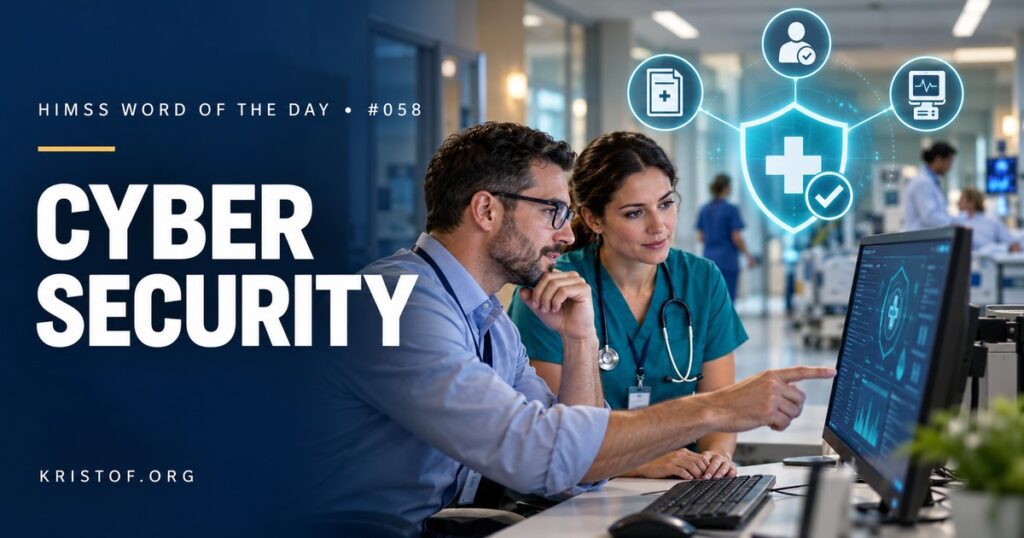 Illustration of healthcare cybersecurity showing a hospital protected by layered defenses for identity, devices, network, data, and recovery, organized around the six NIST Cybersecurity Framework functions, HIMSS Word of the Day series by Eric Kristof, RN, CAHIMS.