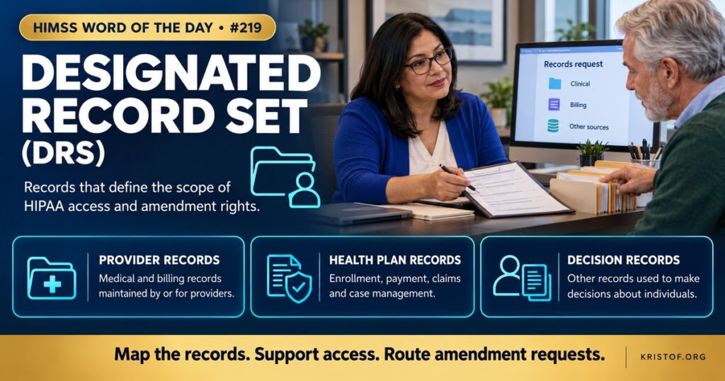Illustration of a designated record set showing a patient reviewing medical and billing records through a portal while a health information manager maps record sources into a defined set, HIMSS Word of the Day series by Eric Kristof, RN, CAHIMS.