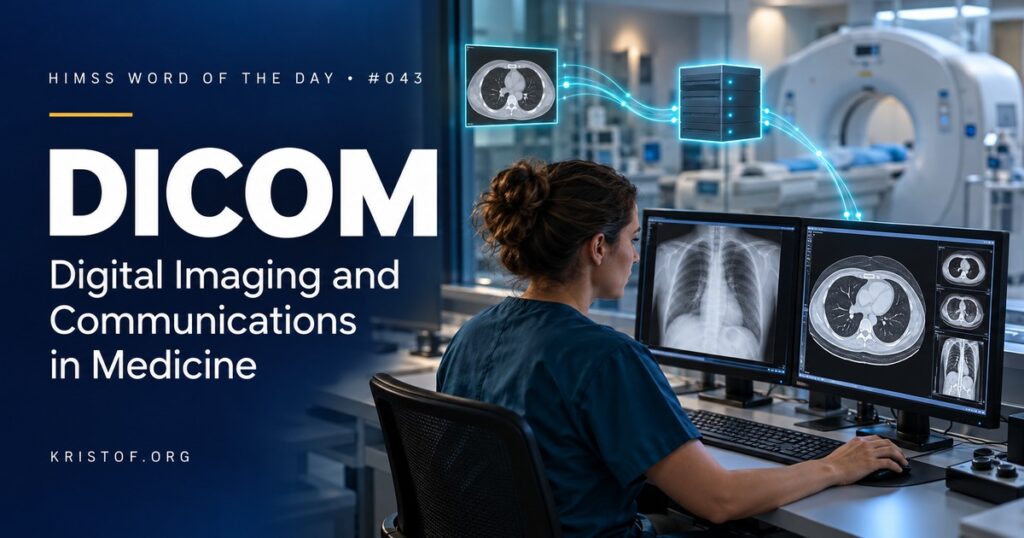 Diagram of the DICOM standard showing an image file with a header containing patient, study, and series information, moving from a CT scanner to PACS and a web viewer, HIMSS Word of the Day series by Eric Kristof, RN, CAHIMS.