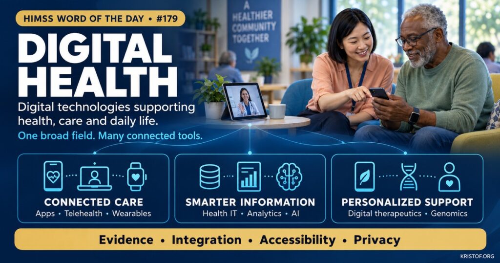 Illustration of digital health showing a patient connected to a care team through a smartphone app, wearable sensor, telehealth video visit, and AI-supported analytics, with genomic data and the EHR in the background, HIMSS Word of the Day series by Eric Kristof, RN, CAHIMS.