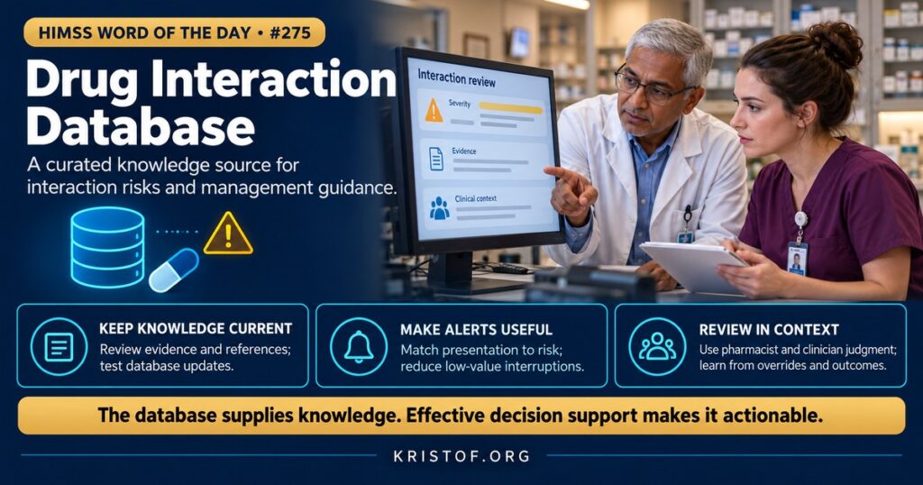 Illustration of a drug interaction database showing a medication order screen with a tiered interaction alert, a knowledge base of drug pairs, and a pharmacist reviewing override reasons, HIMSS Word of the Day series by Eric Kristof, RN, CAHIMS.
