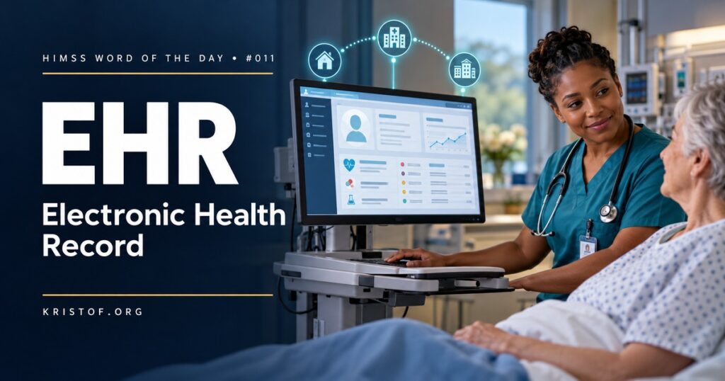 Diagram of an electronic health record connecting hospital, clinic, pharmacy, lab, and patient portal around a single longitudinal patient record, HIMSS Word of the Day series by Eric Kristof, RN, CAHIMS.