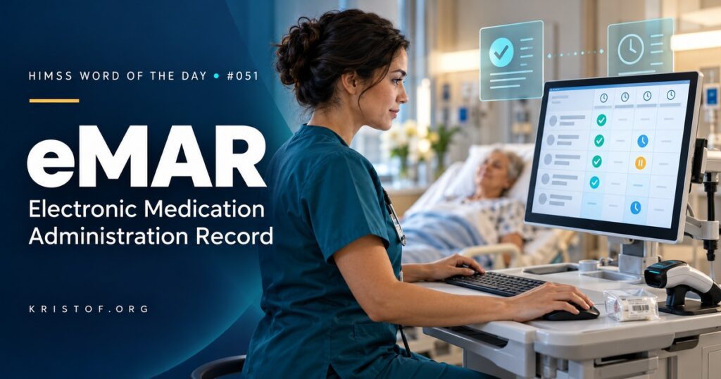 Illustration of an electronic medication administration record on a workstation on wheels showing scheduled, due, and overdue medications, with a nurse scanning a patient wristband and medication barcode, HIMSS Word of the Day series by Eric Kristof, RN, CAHIMS.