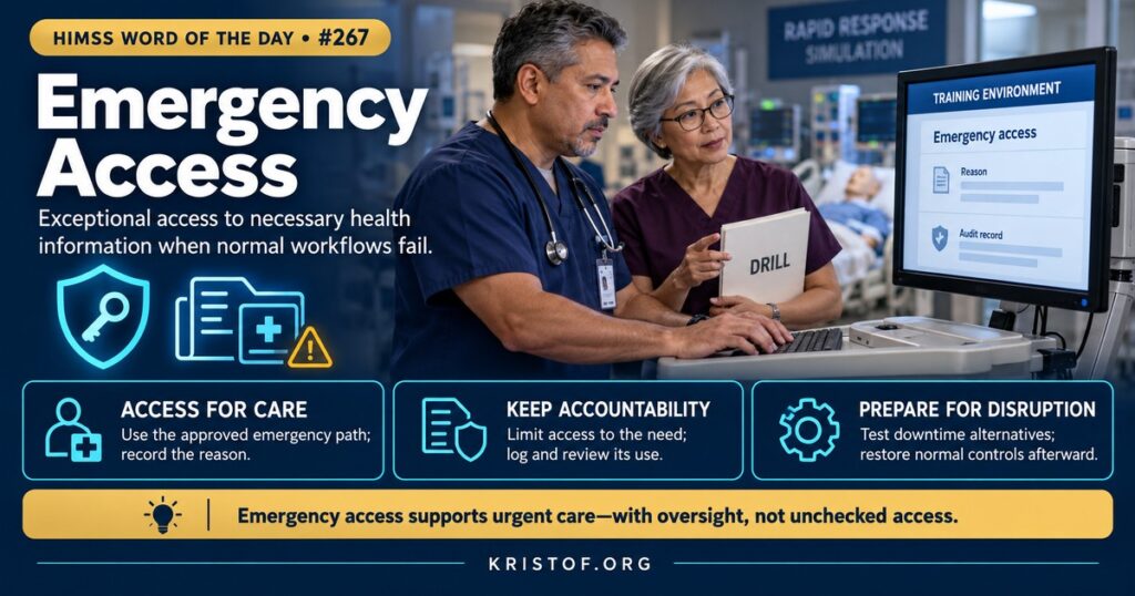 Illustration of emergency access showing a nurse choosing a break-the-glass option on a locked patient chart, a reason prompt, an audit log entry, and a privacy officer reviewing the access, HIMSS Word of the Day series by Eric Kristof, RN, CAHIMS.