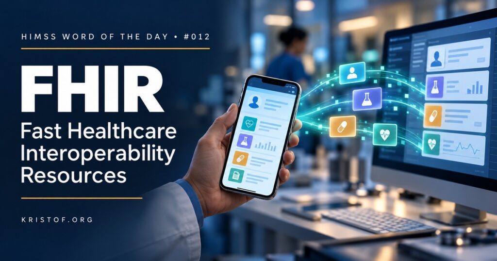 Diagram of FHIR resources such as Patient, Observation, MedicationRequest, and Condition exchanged through a RESTful API between an EHR, a patient app, and a payer, HIMSS Word of the Day series by Eric Kristof, RN, CAHIMS.