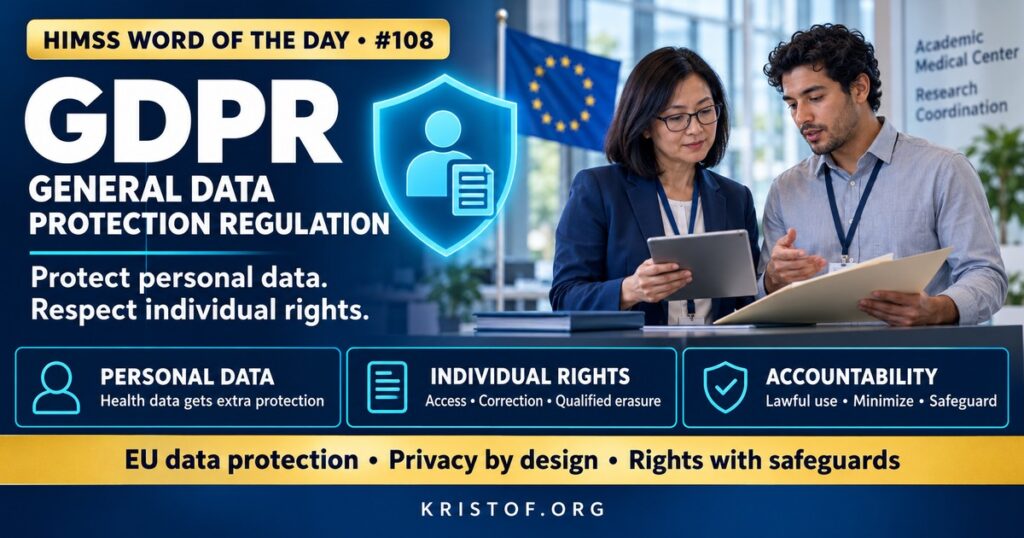 Illustration of the General Data Protection Regulation showing European Union stars around a shield protecting personal and health data, with icons for individual rights, consent, and breach notification, HIMSS Word of the Day series by Eric Kristof, RN, CAHIMS.