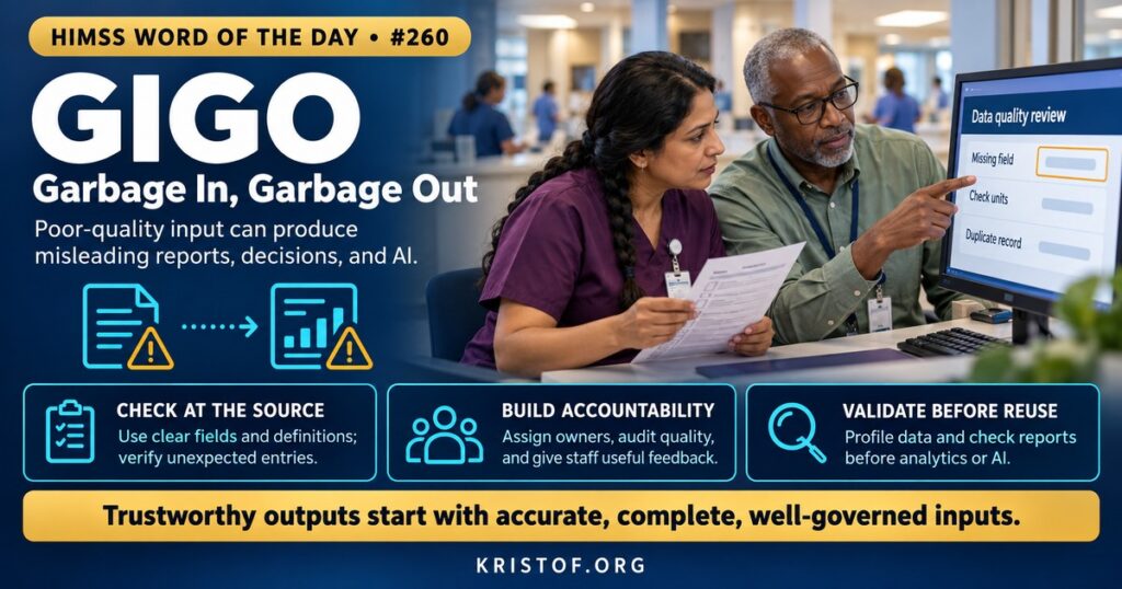 Illustration of the GIGO principle showing messy data entering a computer on one side and a flawed report and a wrong alert coming out the other side, with a data quality checkpoint in between, HIMSS Word of the Day series by Eric Kristof, RN, CAHIMS.