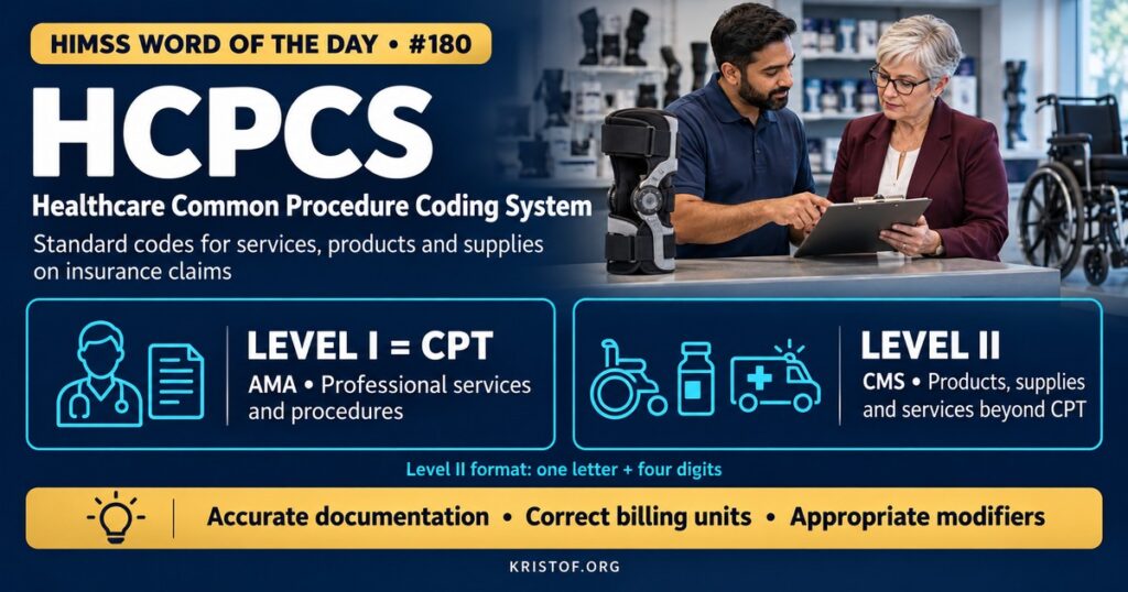 Illustration of HCPCS coding showing an outpatient infusion of a drug, durable medical equipment, and supplies each mapped to HCPCS Level II codes alongside CPT codes on a Medicare claim, HIMSS Word of the Day series by Eric Kristof, RN, CAHIMS.