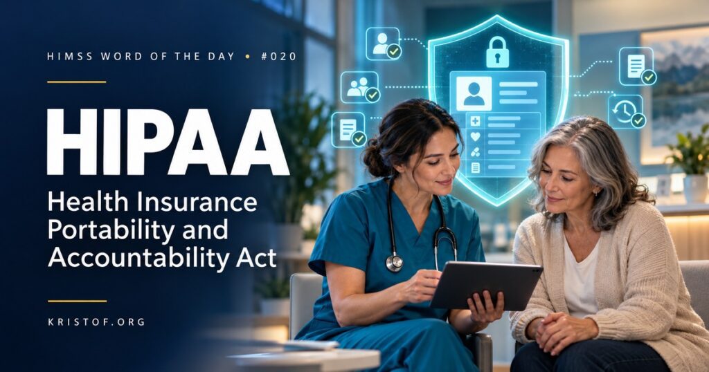 Diagram of HIPAA's structure showing Title I portability and Title II administrative simplification branching into transaction standards, identifiers, the Privacy Rule, the Security Rule, and the Breach Notification Rule, HIMSS Word of the Day series by Eric Kristof, RN, CAHIMS.