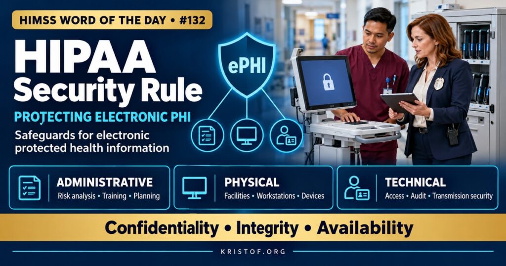 Illustration of the HIPAA Security Rule showing three pillars of administrative, physical, and technical safeguards protecting electronic health records, with risk analysis at the foundation, HIMSS Word of the Day series by Eric Kristof, RN, CAHIMS.