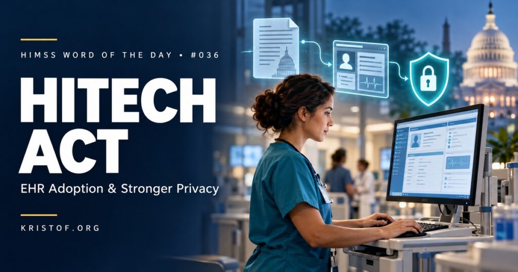 Timeline illustration of the HITECH Act showing the 2009 ARRA signing, EHR incentive programs and Meaningful Use, breach notification rules, and the HIPAA Omnibus Rule, HIMSS Word of the Day series by Eric Kristof, RN, CAHIMS.