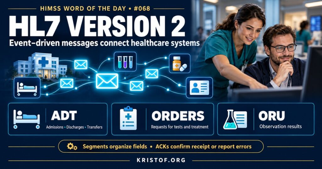 Illustration of an HL7 version 2 message showing pipe-delimited MSH, PID, PV1, OBR, and OBX segments flowing from a laboratory system through an interface engine to the EHR, HIMSS Word of the Day series by Eric Kristof, RN, CAHIMS.