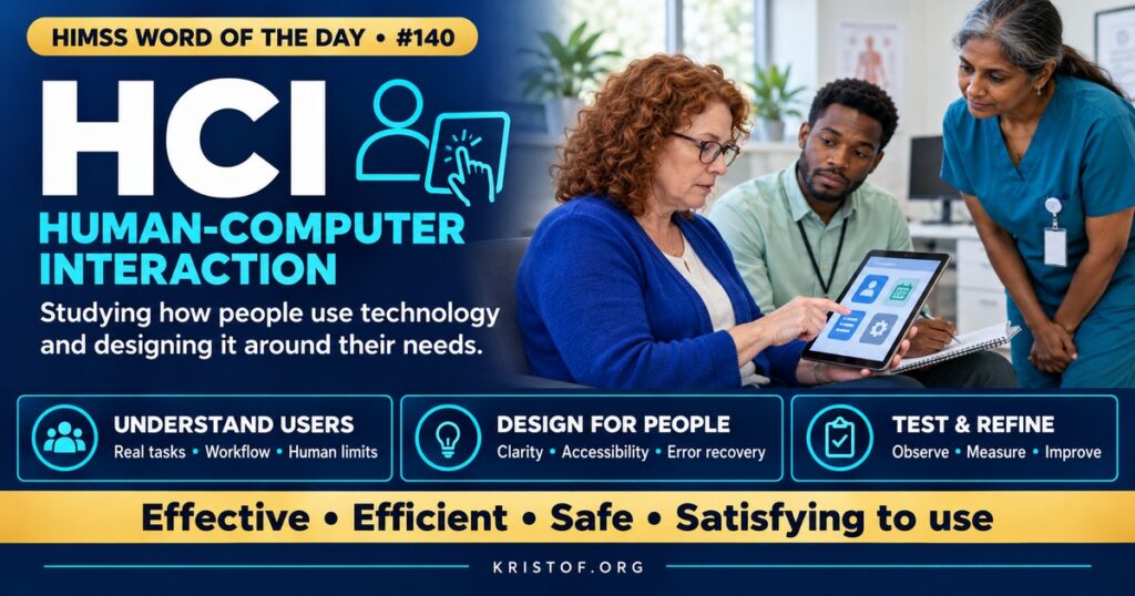 Illustration of human-computer interaction in healthcare showing a nurse using an EHR screen with clear layout, readable fonts, and meaningful alerts, alongside a usability test session with designers observing, HIMSS Word of the Day series by Eric Kristof, RN, CAHIMS.