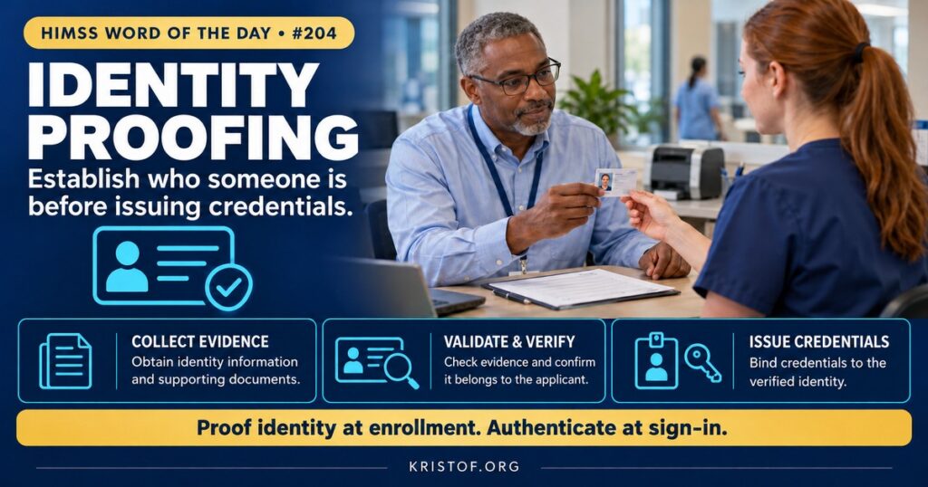 Illustration of identity proofing showing a person presenting a photo ID to a registrar who checks it against a database before a digital credential is issued, with a nurse badge and a patient portal login in the background, HIMSS Word of the Day series by Eric Kristof, RN, CAHIMS.