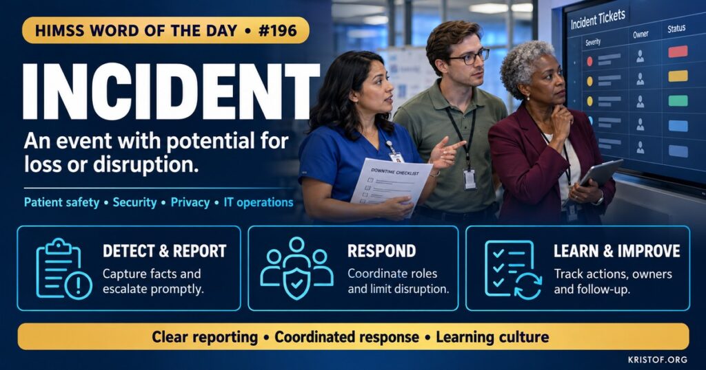 Illustration of incident management in a hospital showing a reported event moving through detection, triage, response, and learning steps, with icons for patient safety, cybersecurity, and downtime, HIMSS Word of the Day series by Eric Kristof, RN, CAHIMS.
