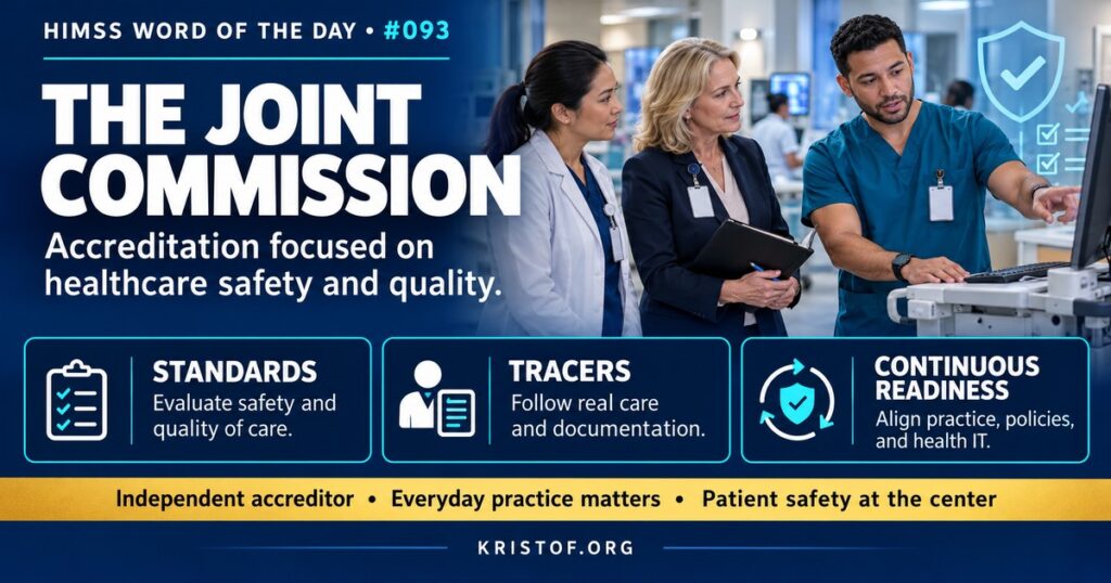 Illustration of a Joint Commission survey with a surveyor and nurse reviewing a patient's EHR during a tracer, with checklists for patient safety goals and documentation, HIMSS Word of the Day series by Eric Kristof, RN, CAHIMS.