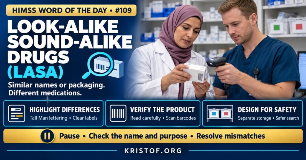 Illustration of look-alike/sound-alike medications showing two similar drug names displayed with Tall Man lettering on an EHR order screen and similar vials separated in a dispensing cabinet, HIMSS Word of the Day series by Eric Kristof, RN, CAHIMS.