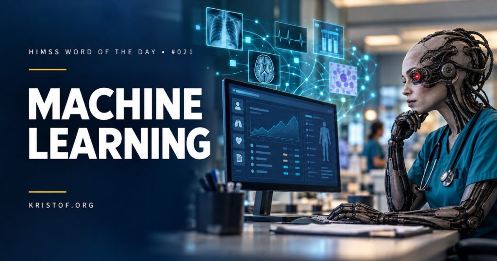 Diagram of machine learning in healthcare showing training data, a model, predictions such as a deterioration score, and a feedback loop for monitoring drift, HIMSS Word of the Day series by Eric Kristof, RN, CAHIMS.