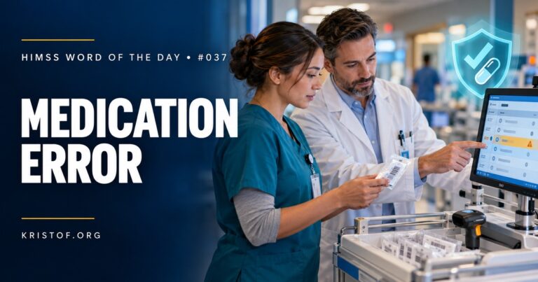 Diagram of the medication-use process from prescribing and transcribing to dispensing, administration, and monitoring, with safety checks such as CPOE, pharmacist verification, and barcode scanning at each step, HIMSS Word of the Day series by Eric Kristof, RN, CAHIMS.