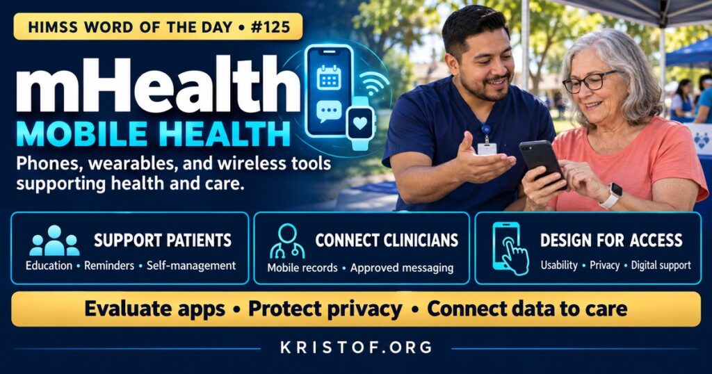 Illustration of mHealth showing a patient using a smartphone app and wearable device that share data with a care team, alongside a nurse using a mobile clinical device, HIMSS Word of the Day series by Eric Kristof, RN, CAHIMS.