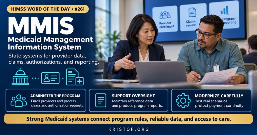 Illustration of a state Medicaid Management Information System showing provider enrollment, claims processing, and payment subsystems feeding a data warehouse, with a researcher reviewing quality of the data, HIMSS Word of the Day series by Eric Kristof, RN, CAHIMS.