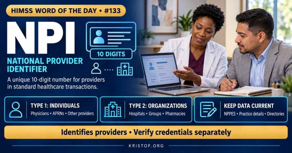 Illustration of the National Provider Identifier showing individual clinicians and healthcare organizations each assigned a unique 10-digit number used on claims, prescriptions, and provider directories, HIMSS Word of the Day series by Eric Kristof, RN, CAHIMS.