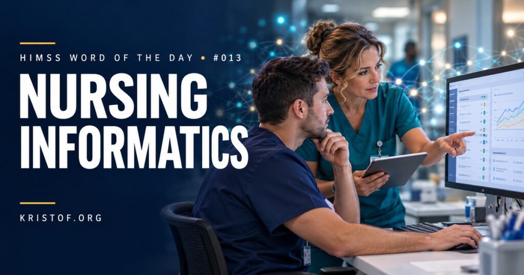 Diagram of the data, information, knowledge, and wisdom pyramid with nursing examples at each level, from a single blood pressure reading to clinical judgment, HIMSS Word of the Day series by Eric Kristof, RN, CAHIMS.